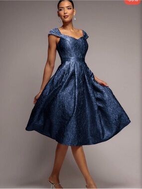 Off-Shoulder Navy Textured Fit-and-Flare Prom Dress